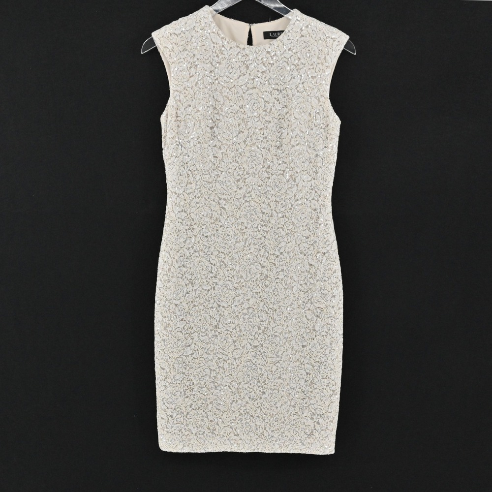 Ralph Lauren Lace Sheath Dress Womens Size 2 Ivory Formal Sequin Sleeveless LRL - Picture 2 of 15